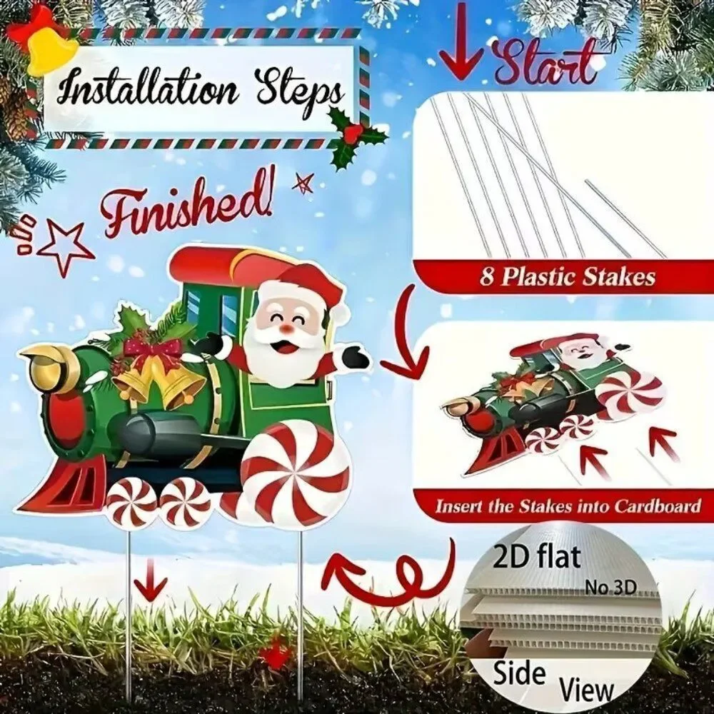 2D 4pcs Christmas Festive Train Outdoor Lawn Stakes Santa Snowman Reindeer Decor